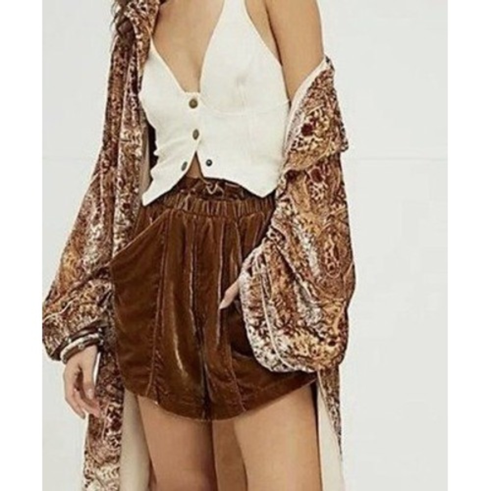 Free People Velvet Shorts Women Medium Brown Paperbag Waist Boho